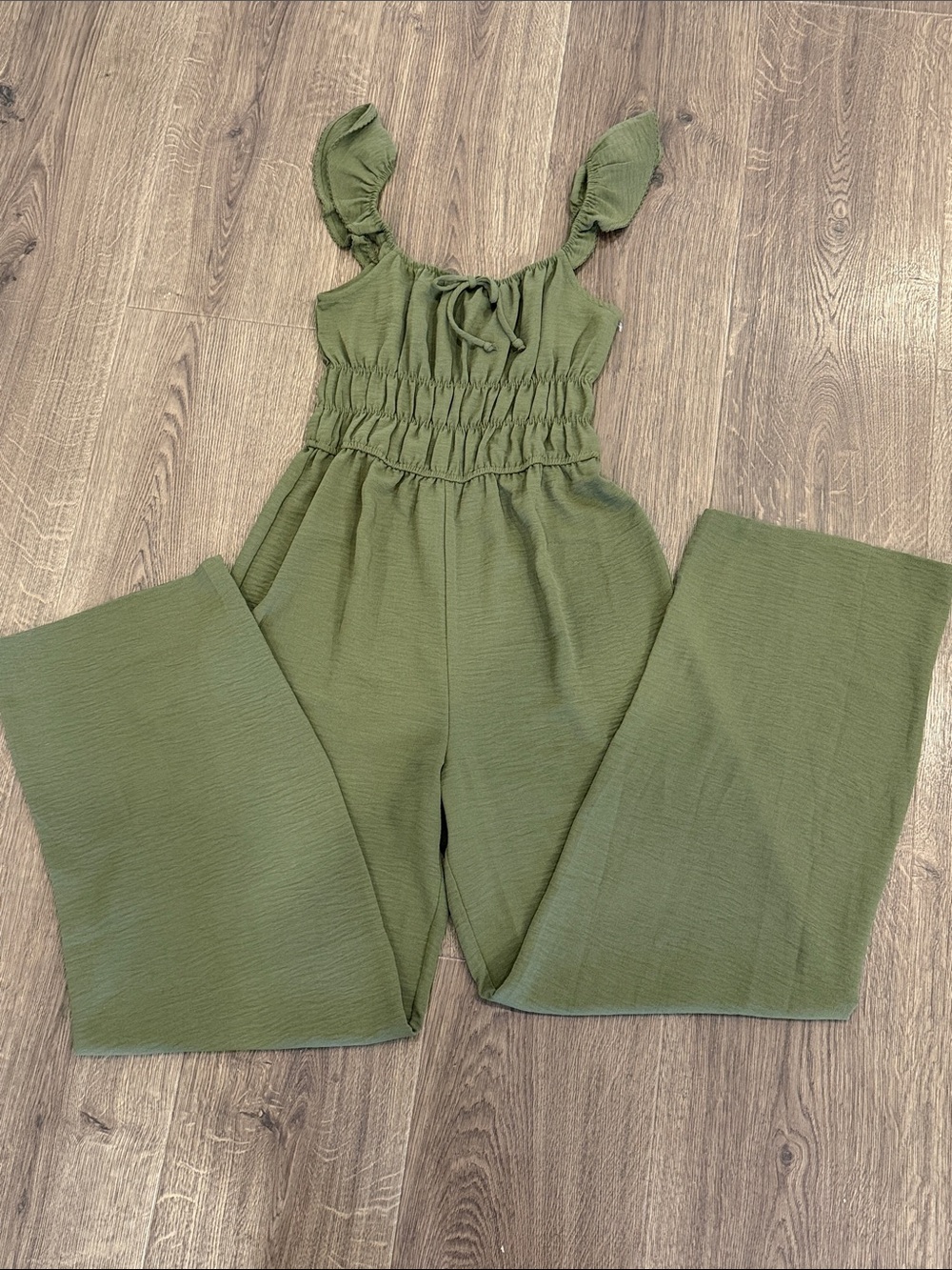 Olive Green Smocked Wide-Leg Jumpsuit with Flutter Straps